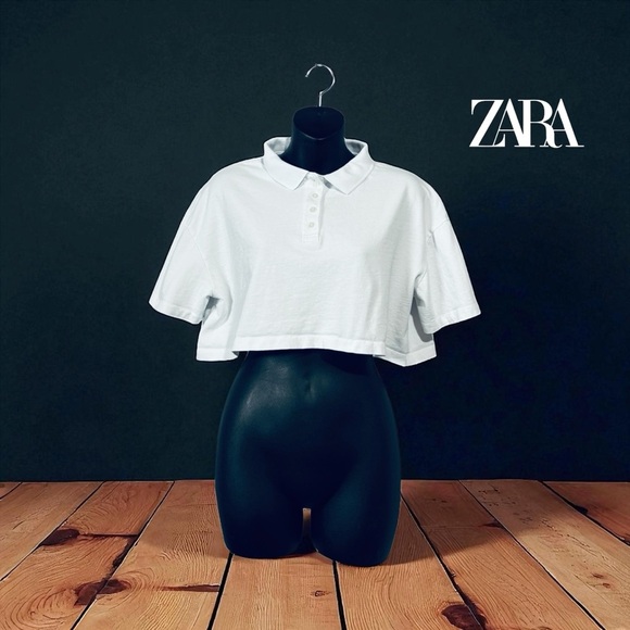 ZARA, White Cropped Polo Top, Size Large - Picture 1 of 7